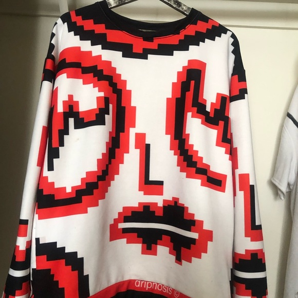 Red black white Devils sweater psychedelic pixel Drippy Zelpha Pixicuh size L - Picture 5 of 8